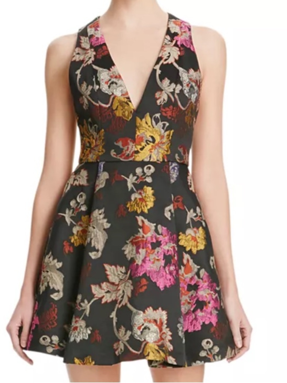 ALICE + OLIVIA Mollie Box Pleat Floral Brocade Dress Black and Earth tones SZ 2